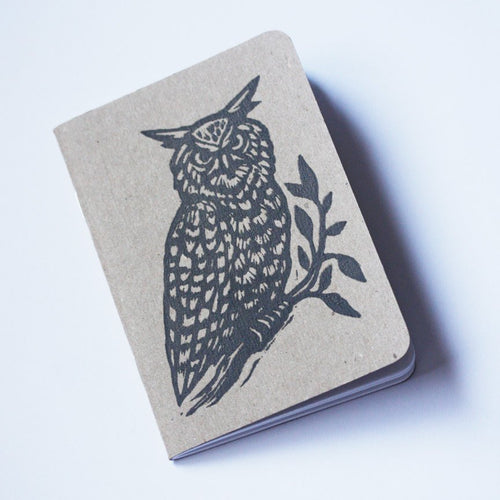 Owl Notebook - Bullet Journal Notebook - Travel Notebook - Pocket Journal - Woodland Owl Linocut - Pocket Notebook - Hand Printed Journal