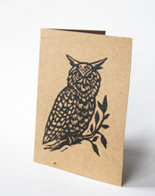 Load image into Gallery viewer, Hand Printed Linocut Owl Blank Greeting Cards on Recycled Brown Kraft Paper - Owl Note Card Set - Sets of Five Greeting Cards - Animal Cards