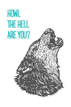 Load image into Gallery viewer, Wolf Art Digitally Printed Paper Postcard - Funny Postcards - Howl the Hell Art You? Linocut Designed Postcard - Cards - Postcards