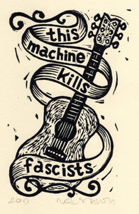 Woody Guthrie Guitar - This Machine Kills Fascists Linocut Art Print