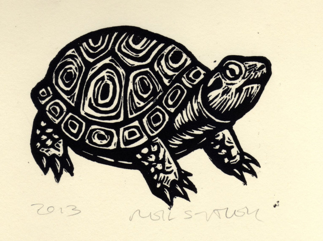 Turtle Linocut Art Print - Hand Printed Original Linocut Turtle - Black Turtle on Ivory Paper - Animal Linocuts - Original Turtle Artwork