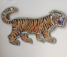 Load image into Gallery viewer, Tiger Woodcut Print on Wood - Tiger Woodblock Print - Housewarming Gift - Rustic Home Decor - Tiger Wall Art - Folk Art - Nursery Room Art