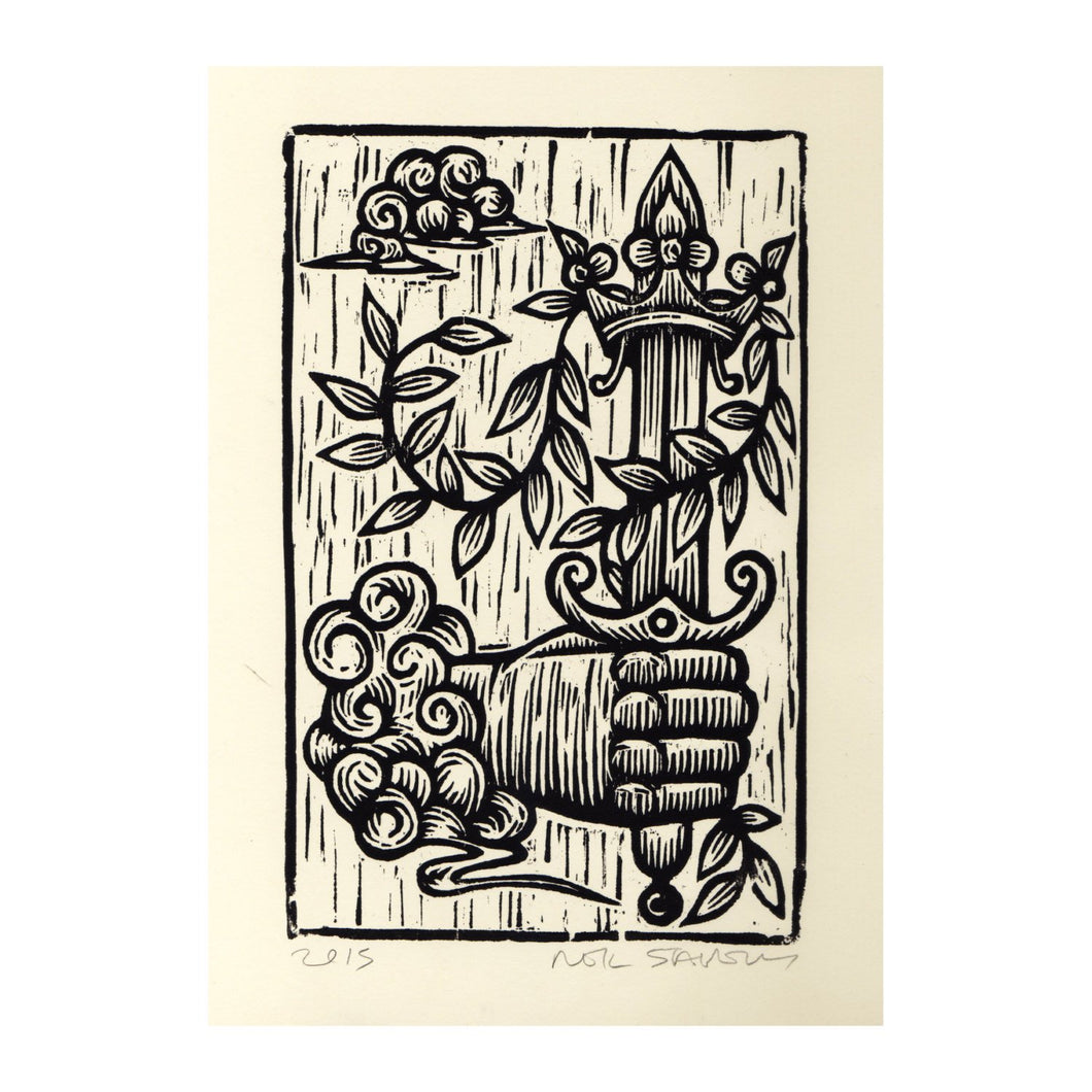 Tarot Art Linocut Print - Ace of Swords Tarot Card -  Original Handmade Woodcut Print, Occult Art - Goth Art - Linocuts - Block Prints