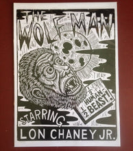 Load image into Gallery viewer, Wolf Man Poster Print - Woodcut Print - Werewolf Art  - Classic Horror Movie Art - Halloween Decor - Halloween Gift - Lon Chaney - Linocut
