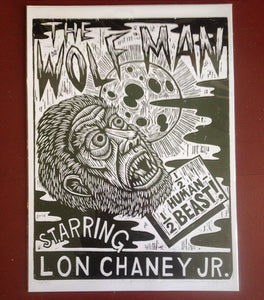 Wolf Man Poster Print - Woodcut Print - Werewolf Art  - Classic Horror Movie Art - Halloween Decor - Halloween Gift - Lon Chaney - Linocut