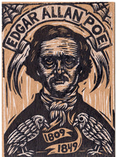 Load image into Gallery viewer, Postcard, Edgar Allan Poe Linocut Printed Letterpress Postcard, Hand Printed Letterpress Author Postcard, Poe The Raven Linocut Postcard