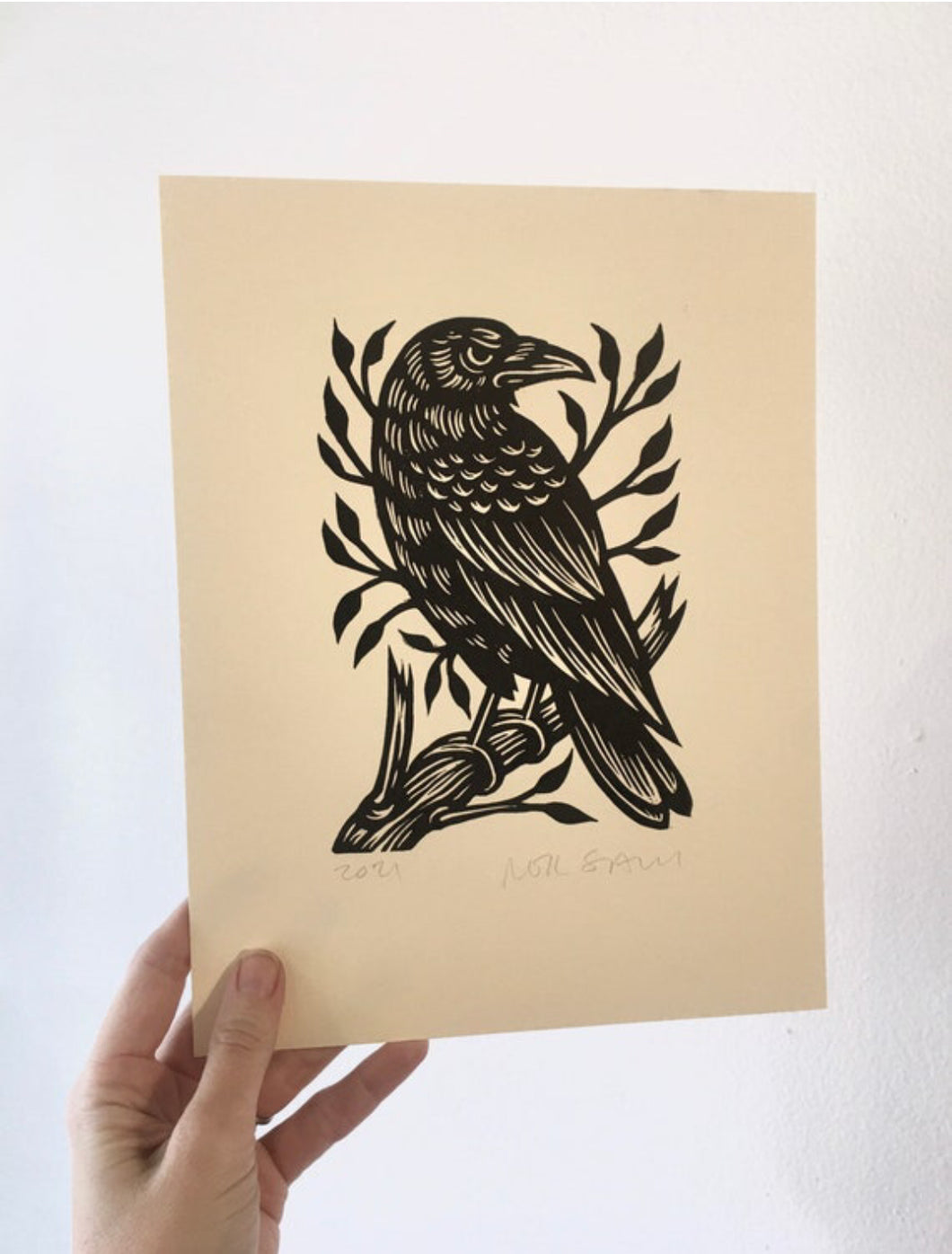 Perched Crow / Raven Linocut Print