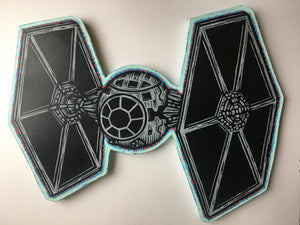 Tie Fighter Woodcut Print on Wood Cutout